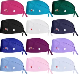 12 Pcs Bouffant Cap with Buttons Adjustable Bouffant Nurse Hats Unisex Sweatband Adjustable Gourd-Shaped Tie Back Hats