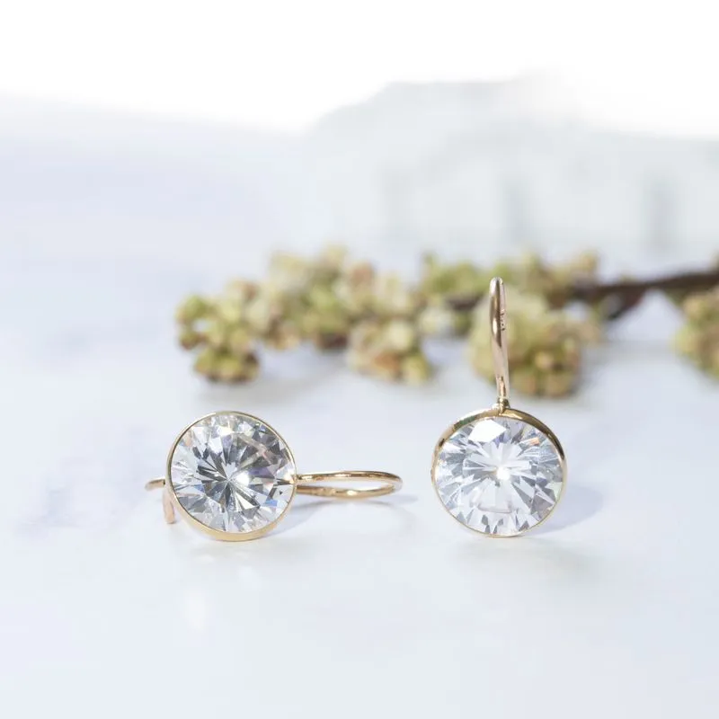 14K Yellow Gold Round White Cubic Zirconia 8mm Dangle Earrings