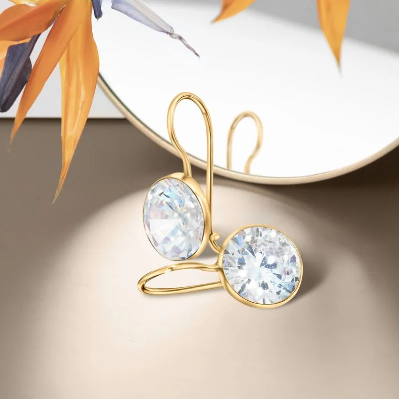 14K Yellow Gold Round White Cubic Zirconia 8mm Dangle Earrings