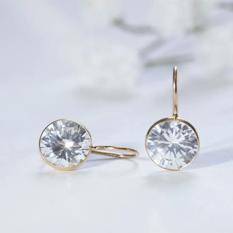 14K Yellow Gold Round White Cubic Zirconia 8mm Dangle Earrings