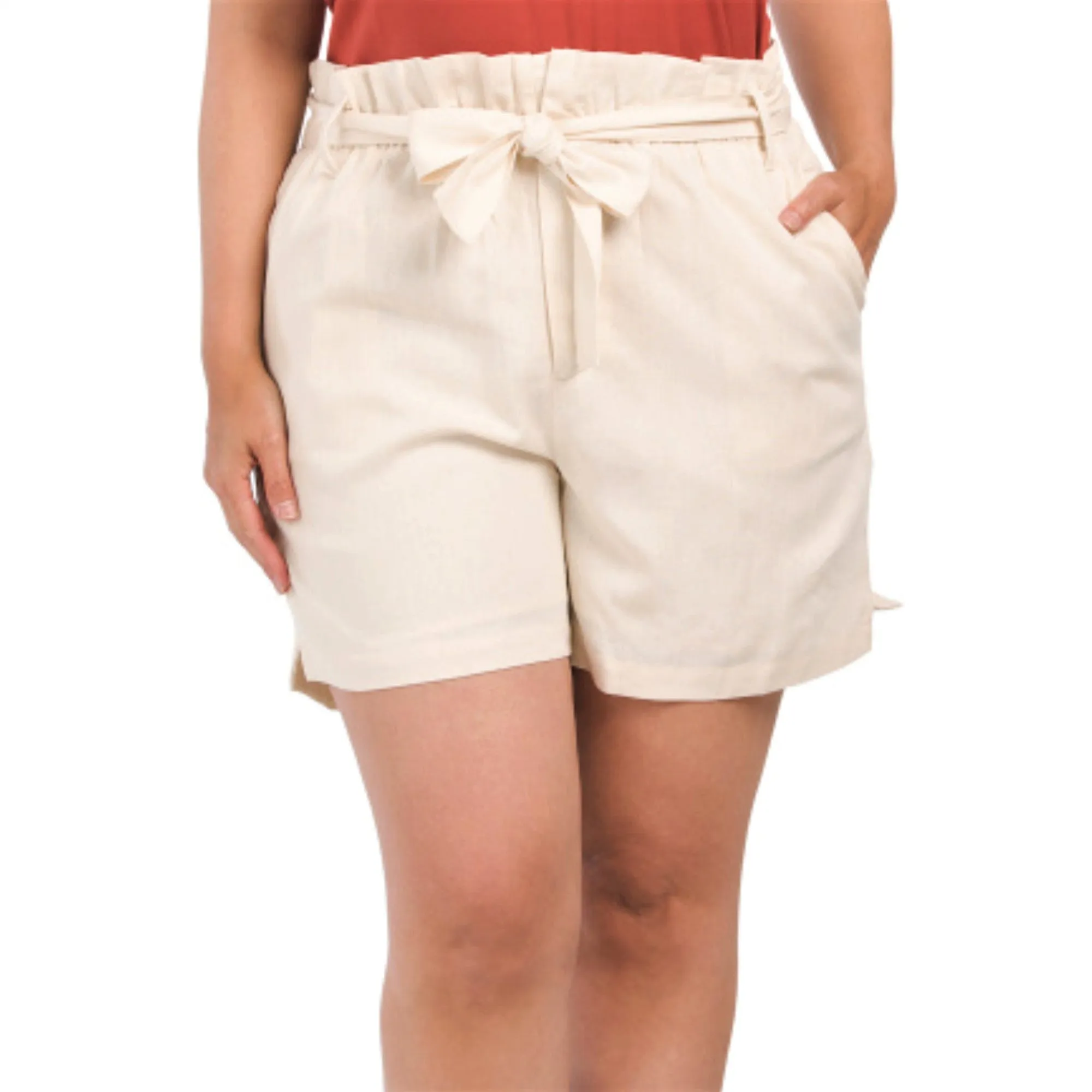 1.STATE Women's Plus Linen Blend High Rise Paperbag Waist Shorts