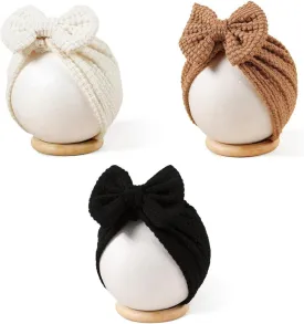 3 Pack Velvet Baby Turban Hats with Bow, Stretchy Baby Head Cover Beanies for Newborn, Toddler, Infant Head Wraps