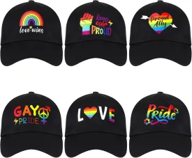 6 Pcs Rainbow Dad Hat Pride LGBT Baseball Cap Adjustable Unisex Rainbow Hat Low Profile Cotton Caps for Men Women, Black