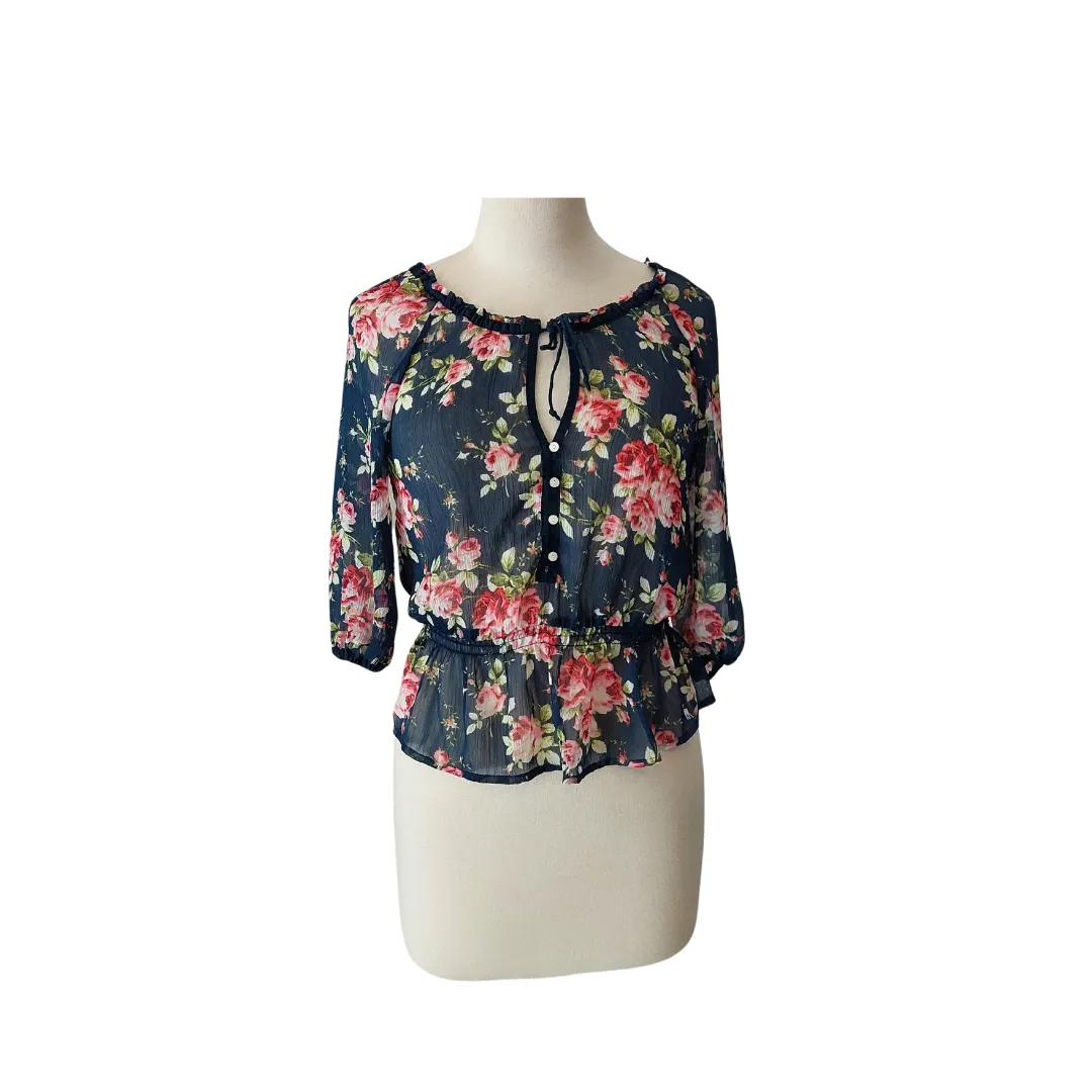 Abercrombie & Fitch Blue Floral Printed Sheer Blouse | Gently Used |