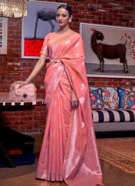 Artistic Peach Color Silk Weave Saree With Half Sleeve Blouse