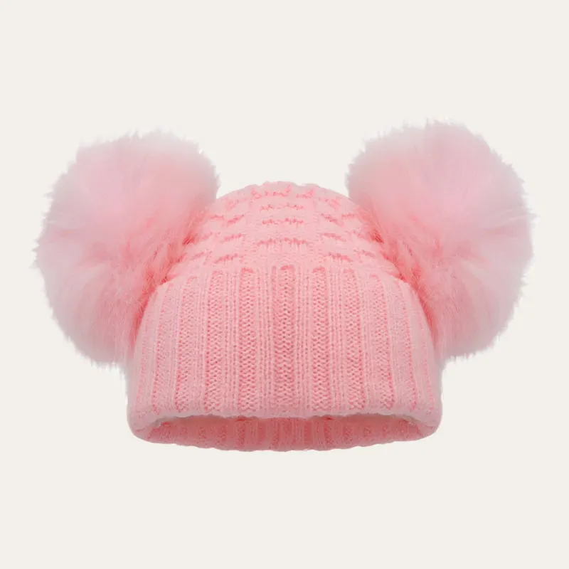Baby Pink Double Pom Pom Knitted Hat