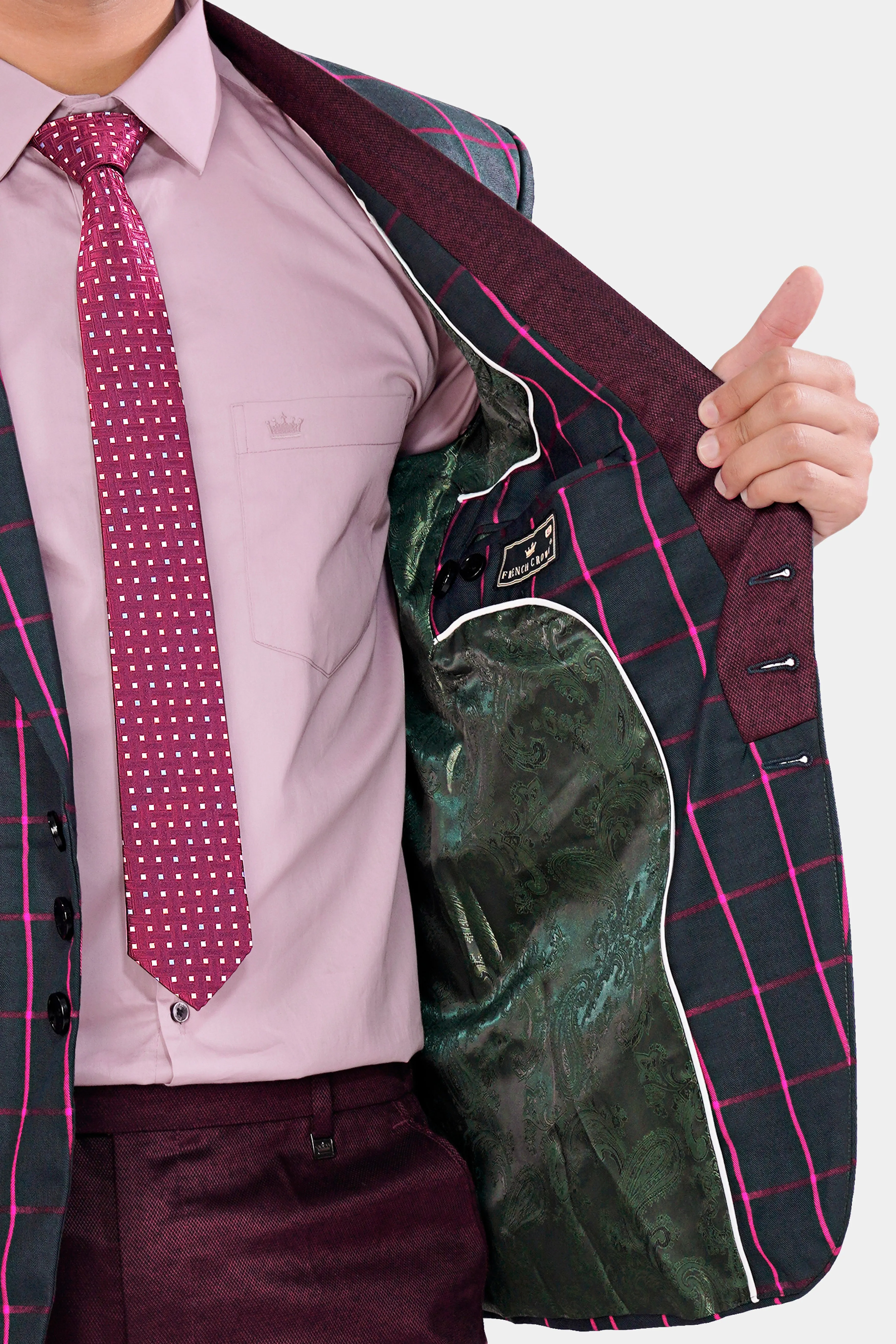 Baltic Sea Gray and Heath Maroon Windowpane Wool Rich Designer Blazer