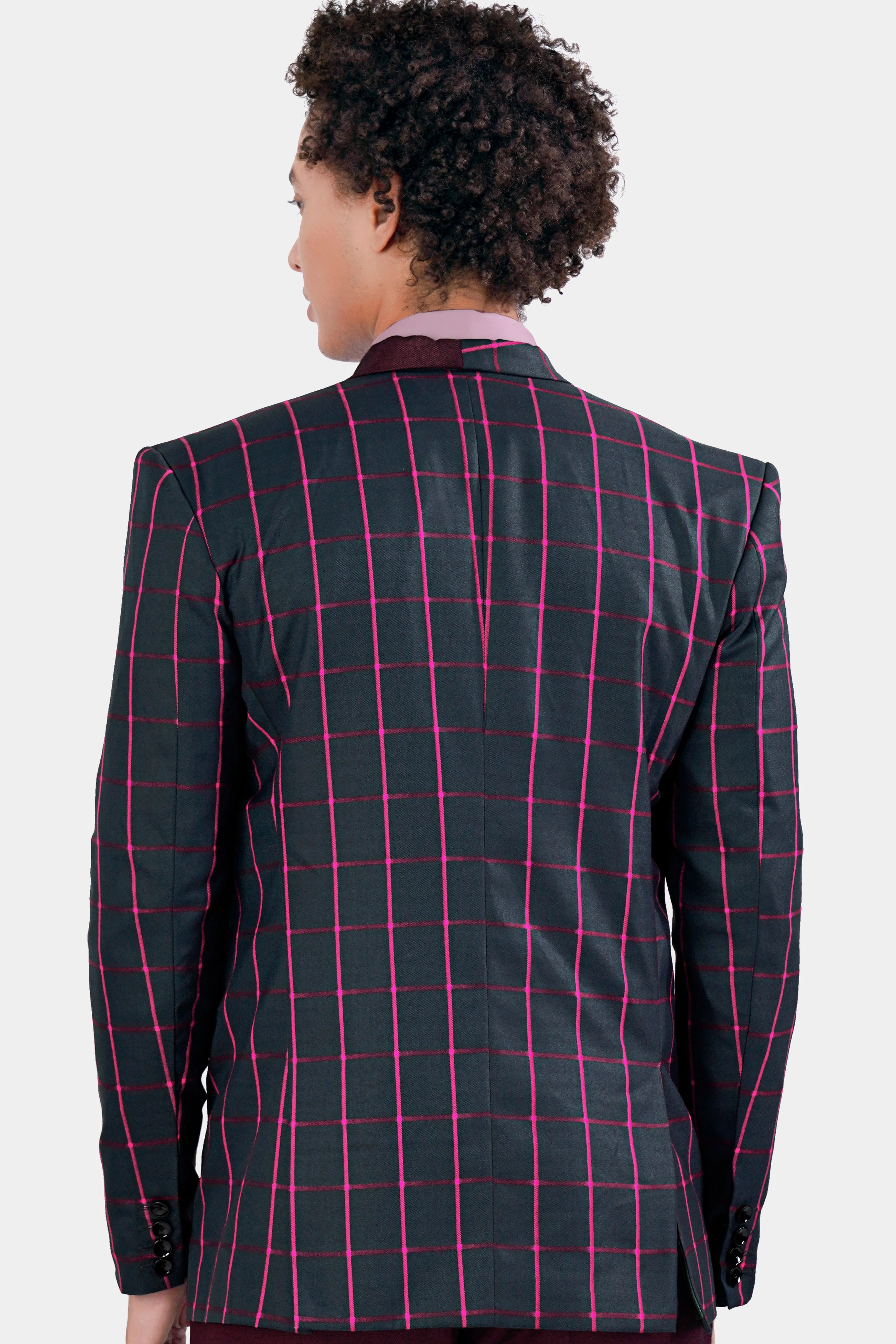 Baltic Sea Gray and Heath Maroon Windowpane Wool Rich Designer Blazer