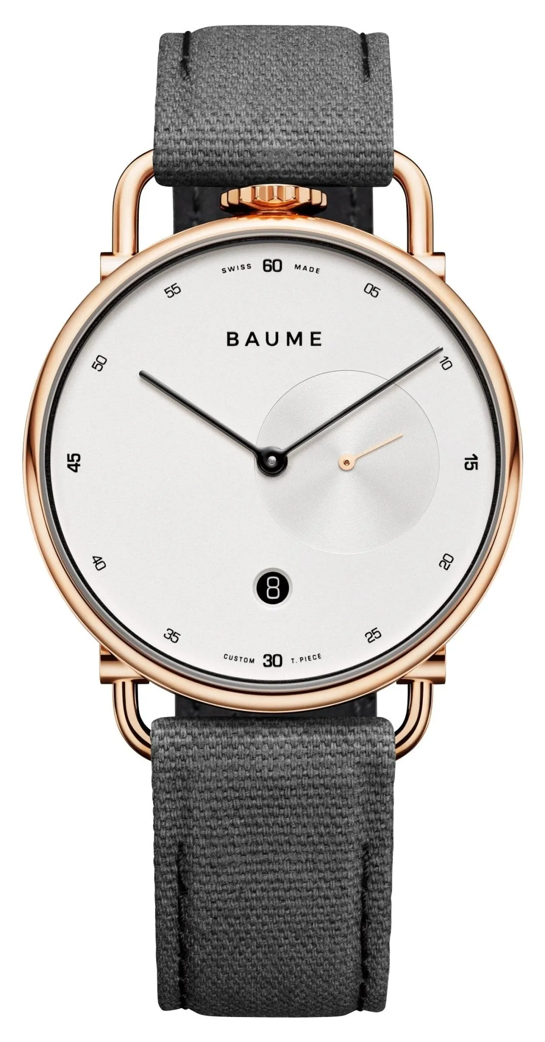 Baume & Mercier Baume Rose Gold PVD Silver Dial Gray Cotton Strap Date Quartz Mens Watch M0A10600