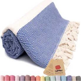 Bazaar Anatolia Turkish Beach Towel 100% Cotton Bath Towels Oversized Fast Dry Boho Farmhouse Decor Sheets Bathroom Sand Free Camping Blanket Royal Navy 71x39 inches - Diamond Dark Blue
