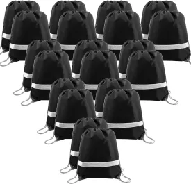 BeeGreen 20 Pieces Black Drawstring Backpacks Gym, Drawstring Sports Bags Reflective, Blank String Bag for DIY