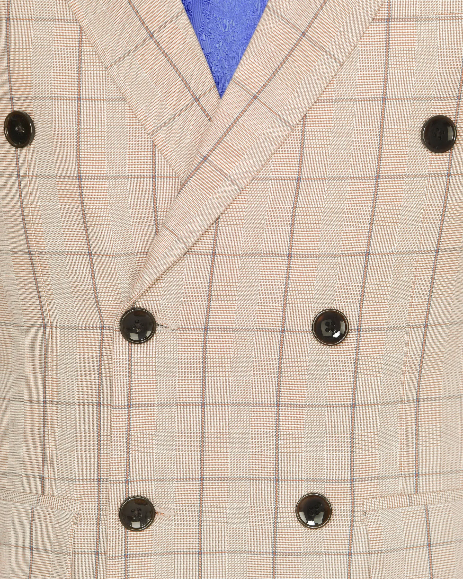 Beige Windowpane Wool Rich Double Breasted Blazer