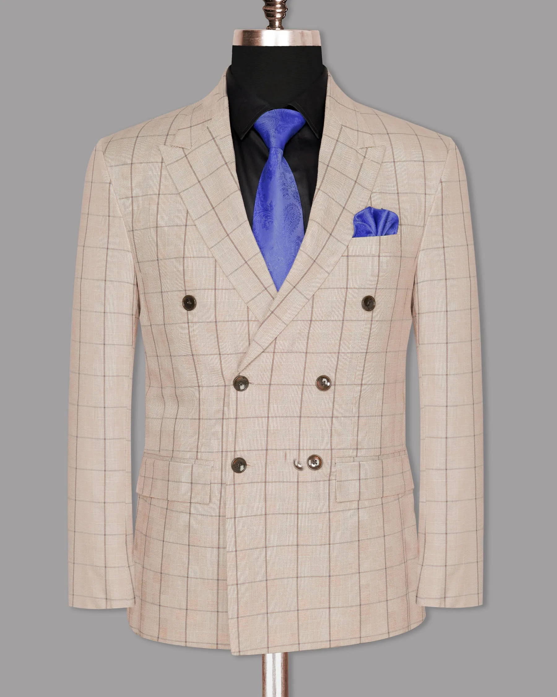 Beige Windowpane Wool Rich Double Breasted Blazer