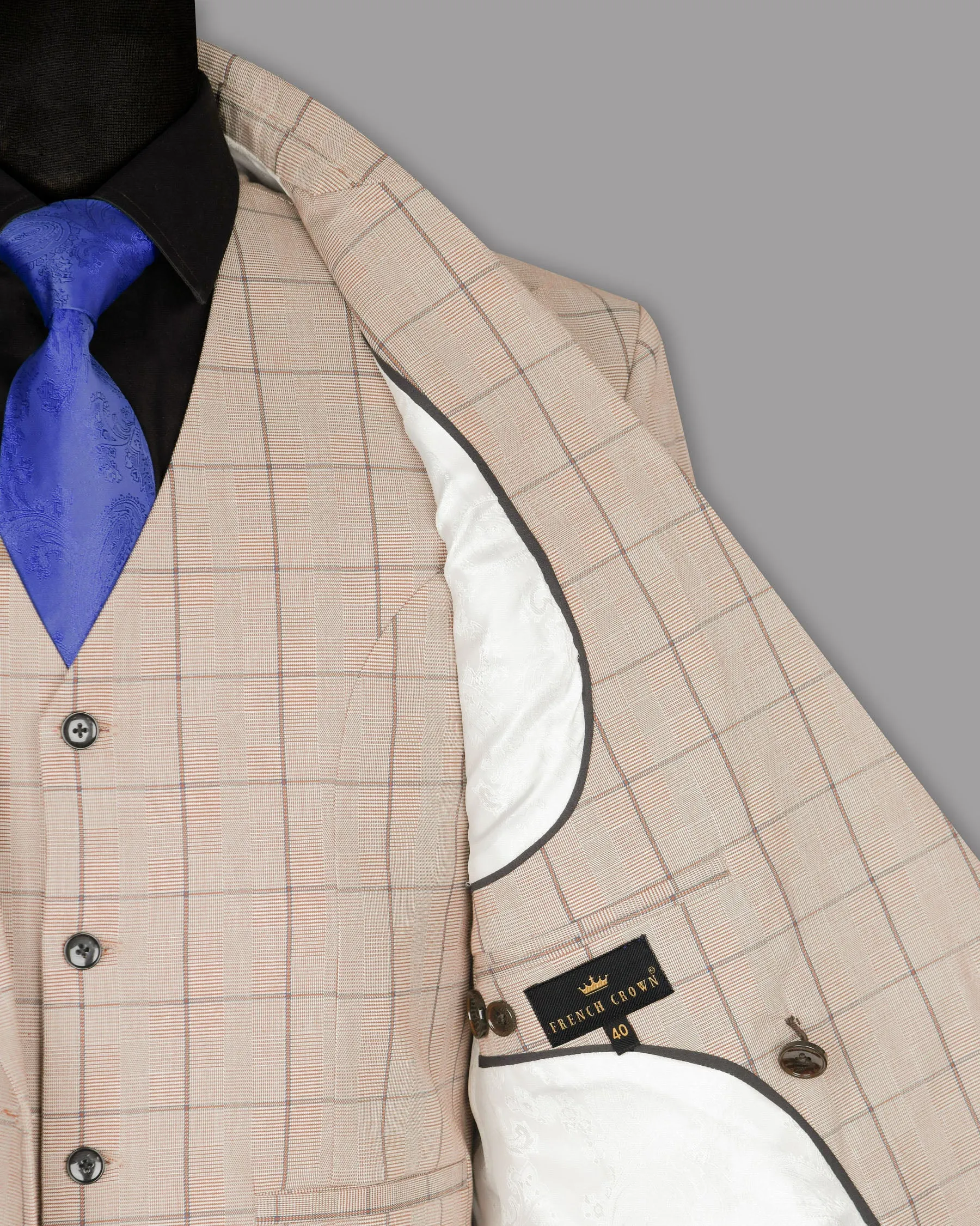 Beige Windowpane Wool Rich Double Breasted Blazer