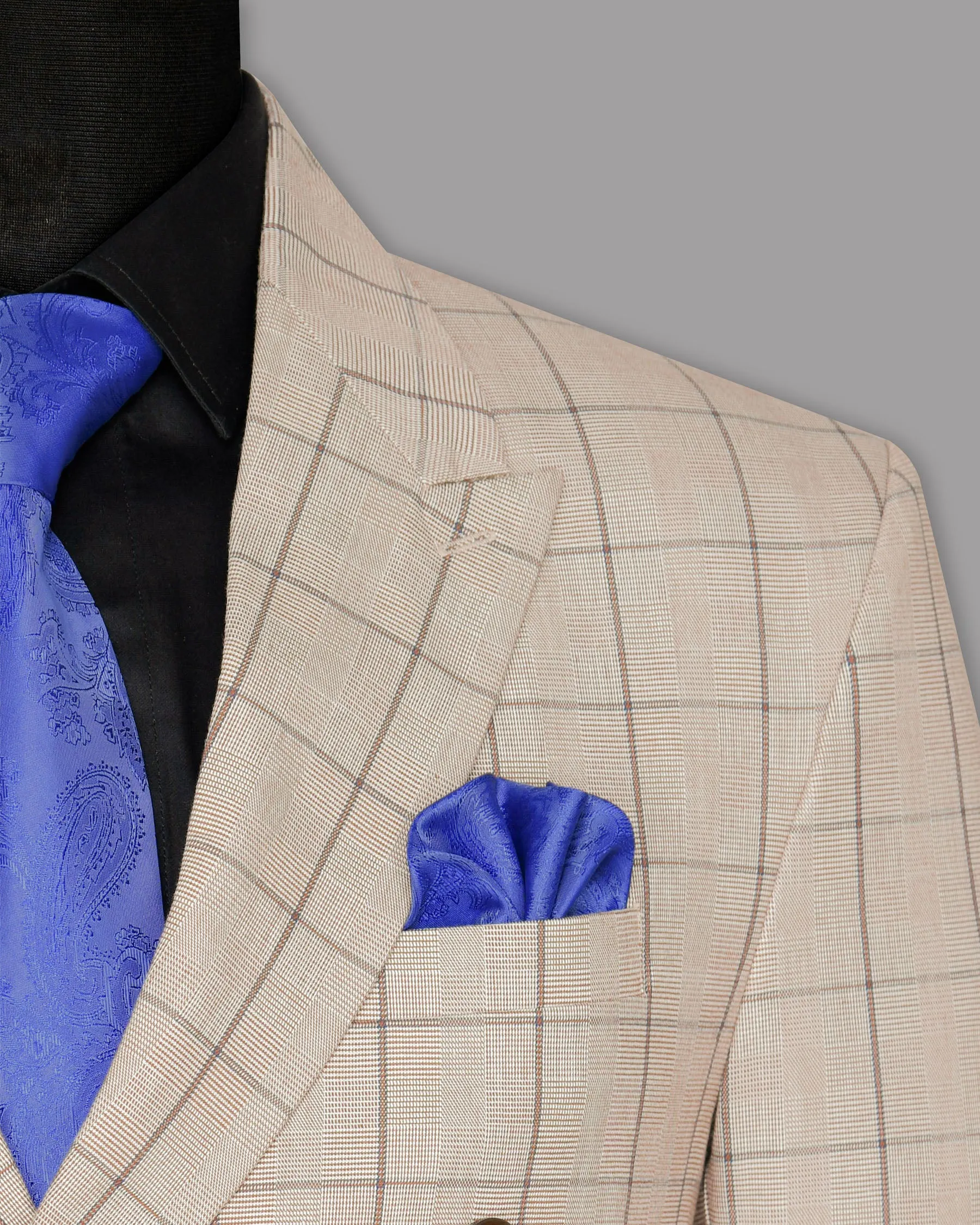Beige Windowpane Wool Rich Double Breasted Blazer