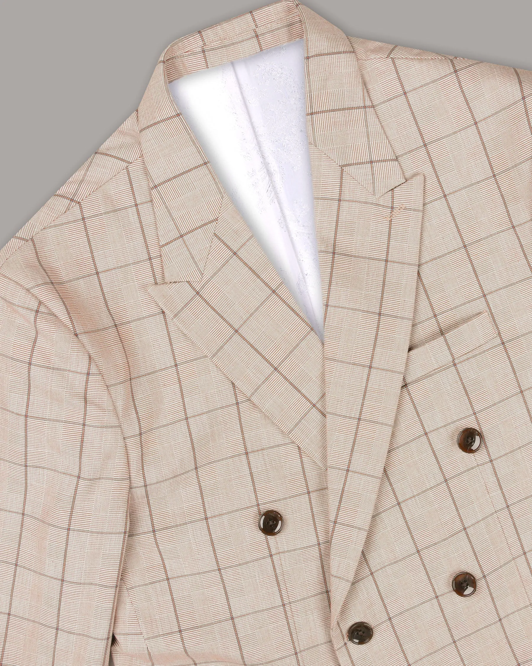 Beige Windowpane Wool Rich Double Breasted Blazer