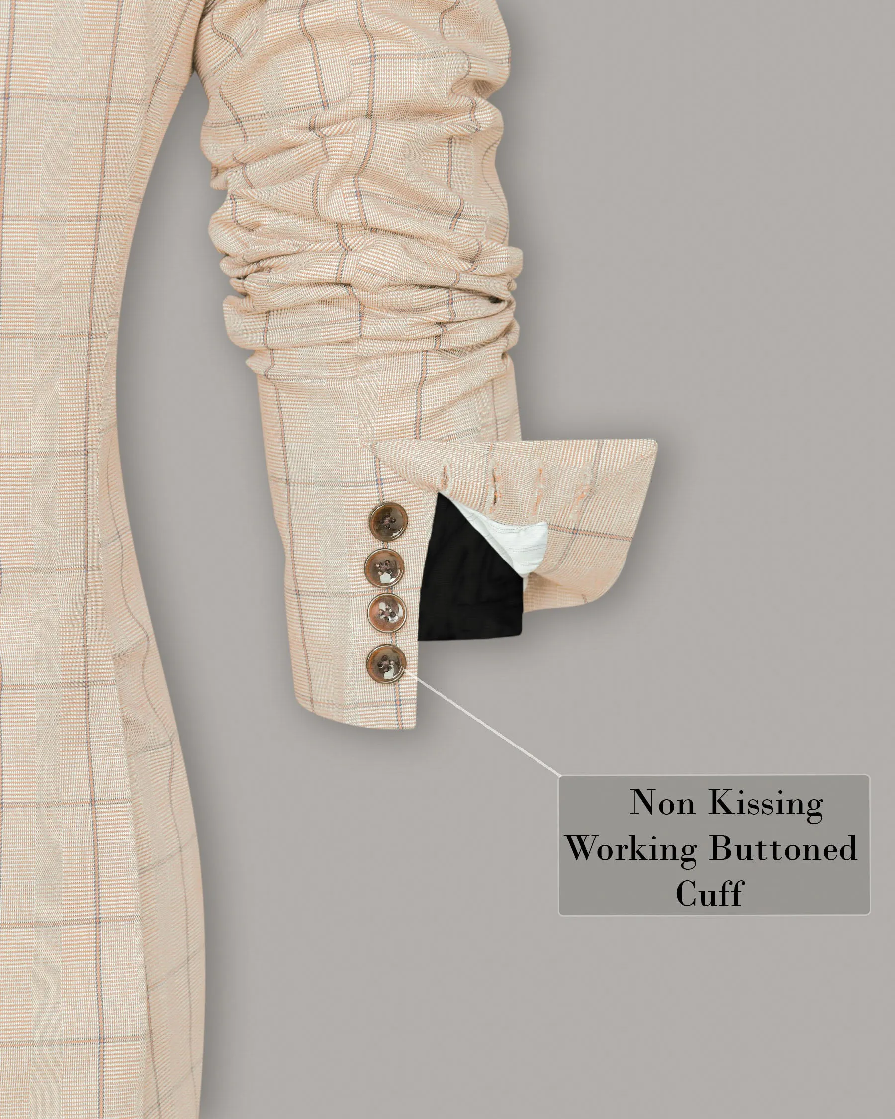 Beige Windowpane Wool Rich Double Breasted Blazer
