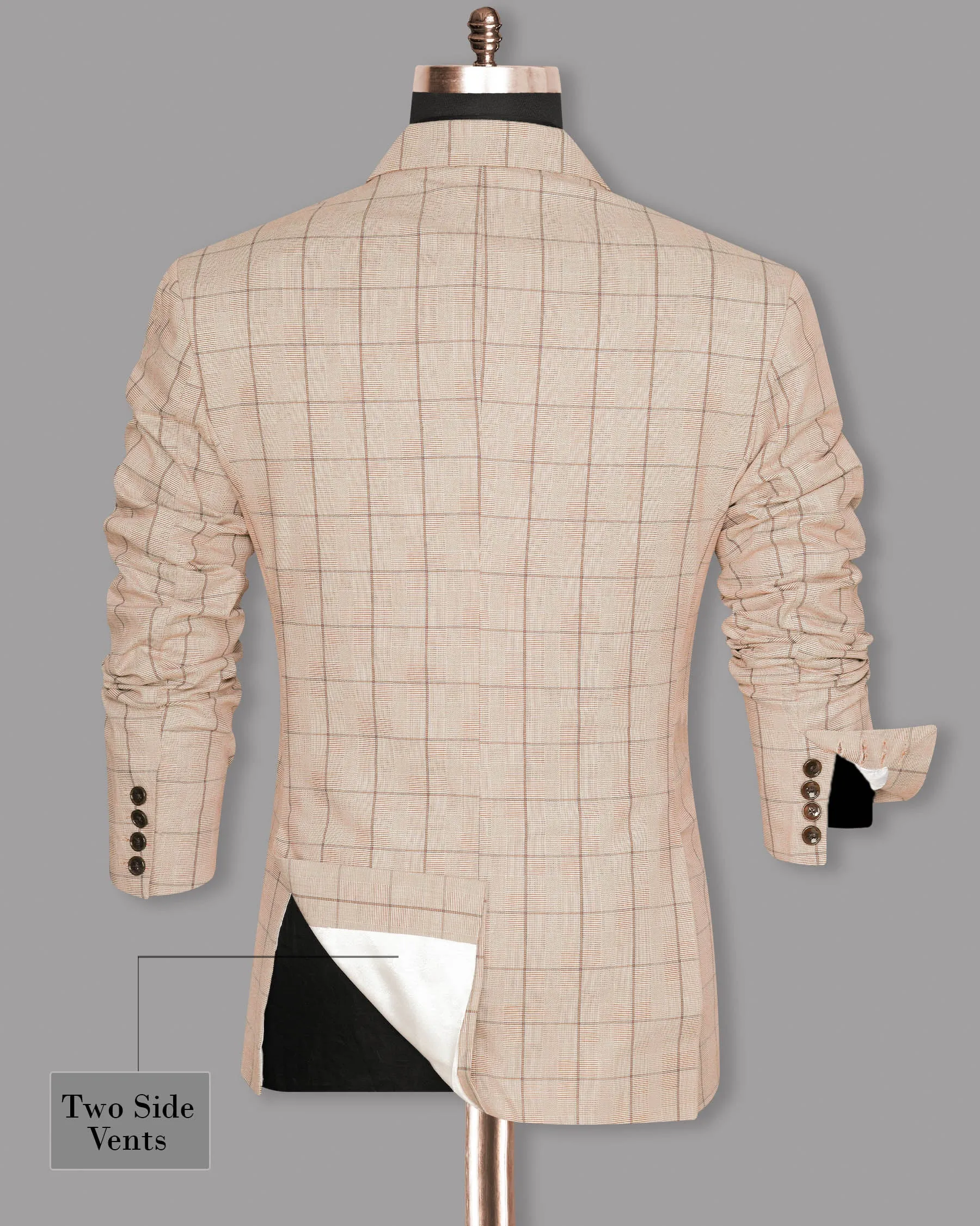 Beige Windowpane Wool Rich Double Breasted Blazer