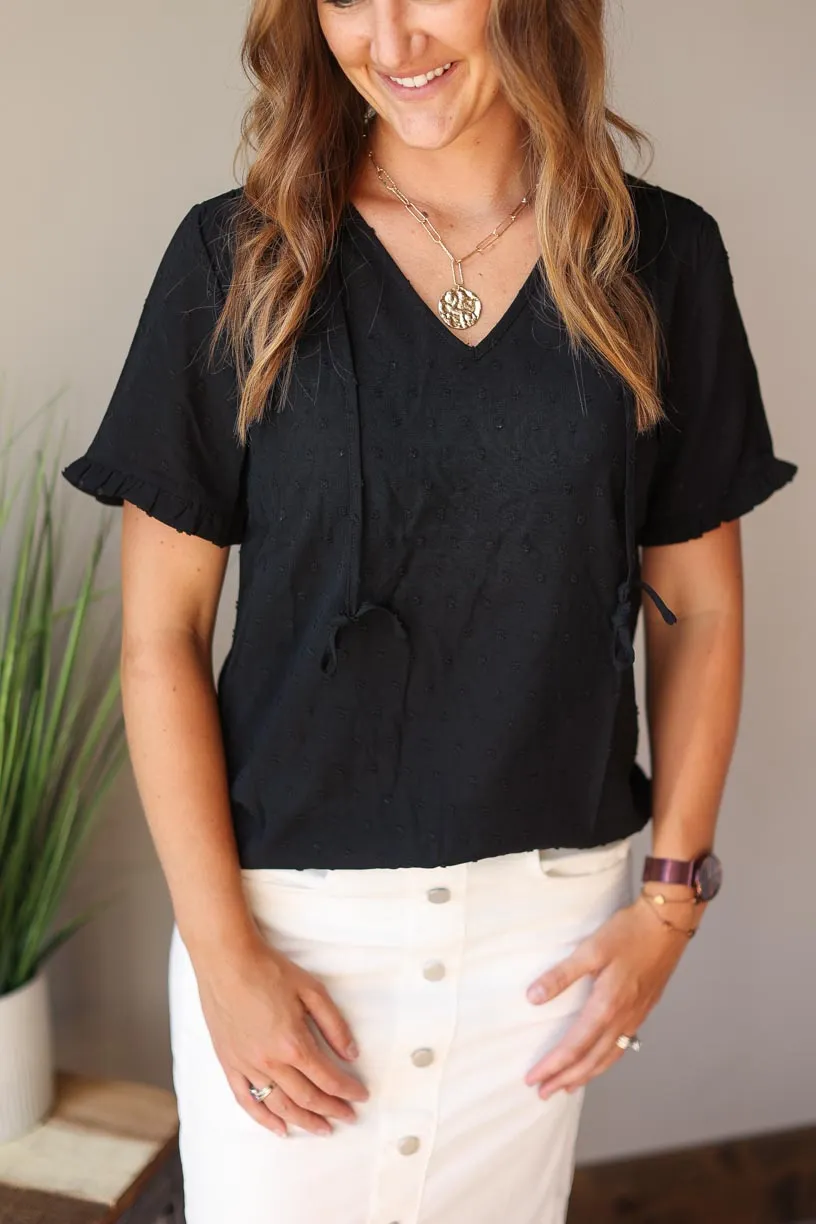 Black Swiss Dot Short Sleeve V-Neck Top • S