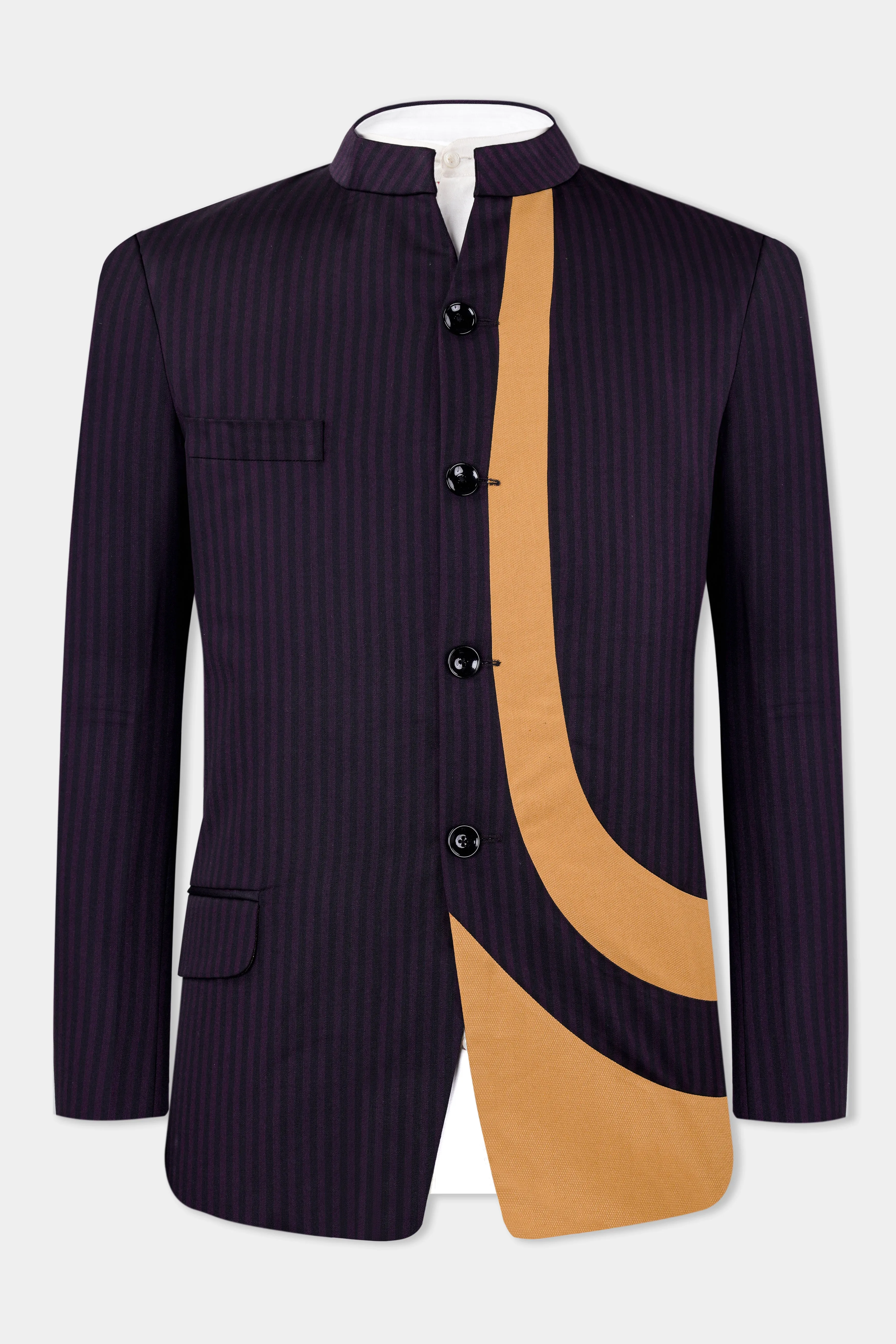 Bleached Purple Striped and Antique Brown Wool Rich Bandhgala Designer Blazer