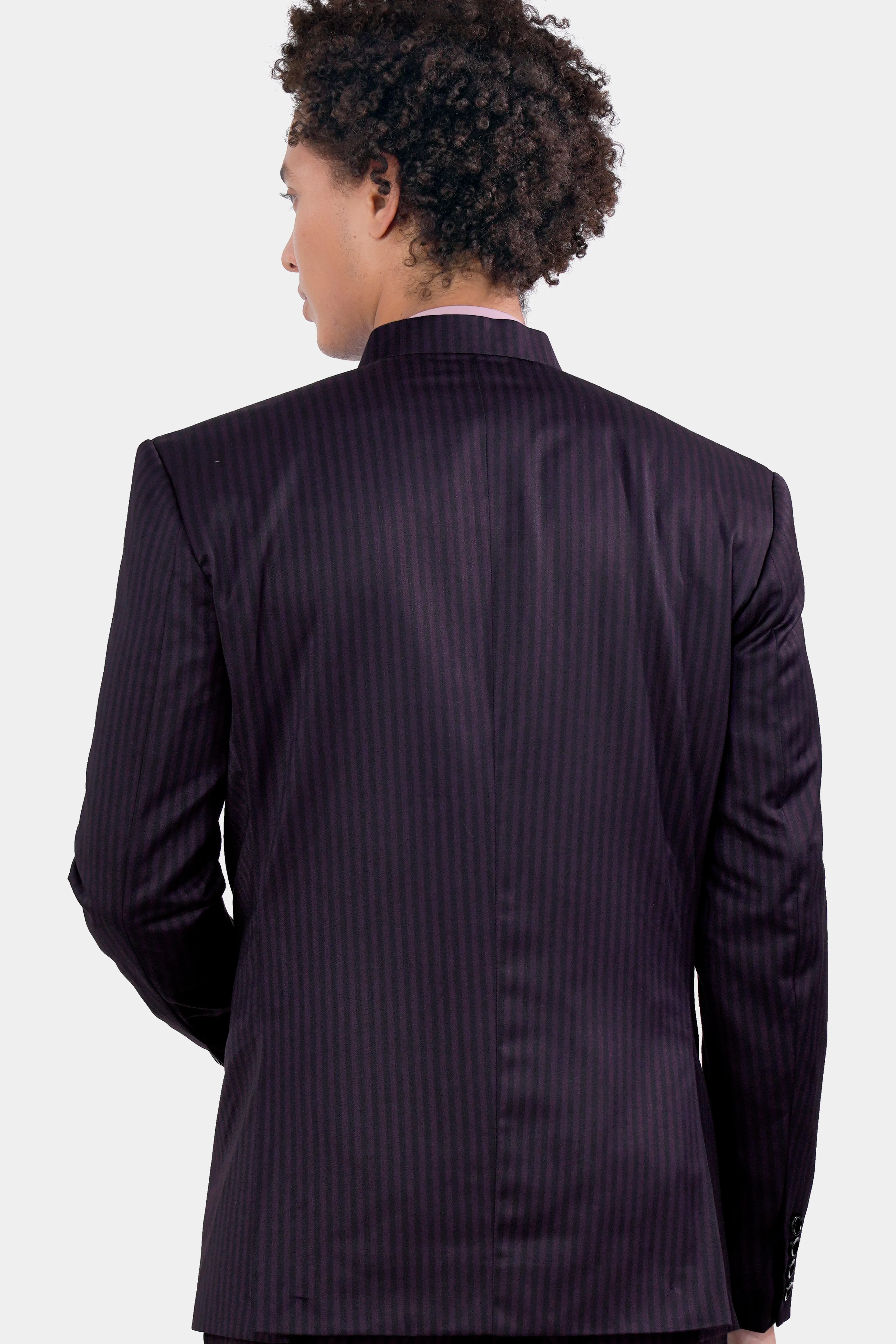Bleached Purple Striped and Antique Brown Wool Rich Bandhgala Designer Blazer