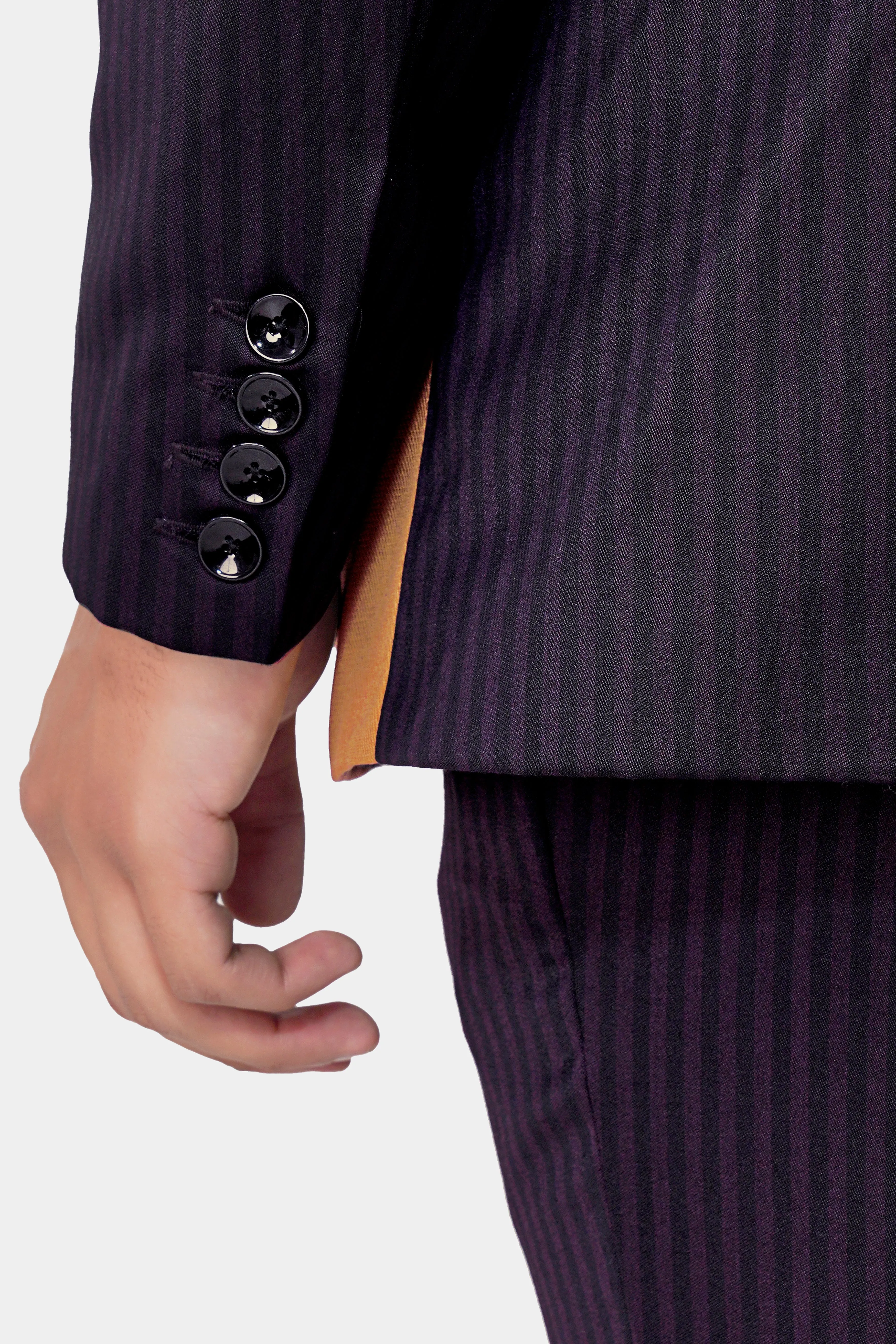 Bleached Purple Striped and Antique Brown Wool Rich Bandhgala Designer Blazer