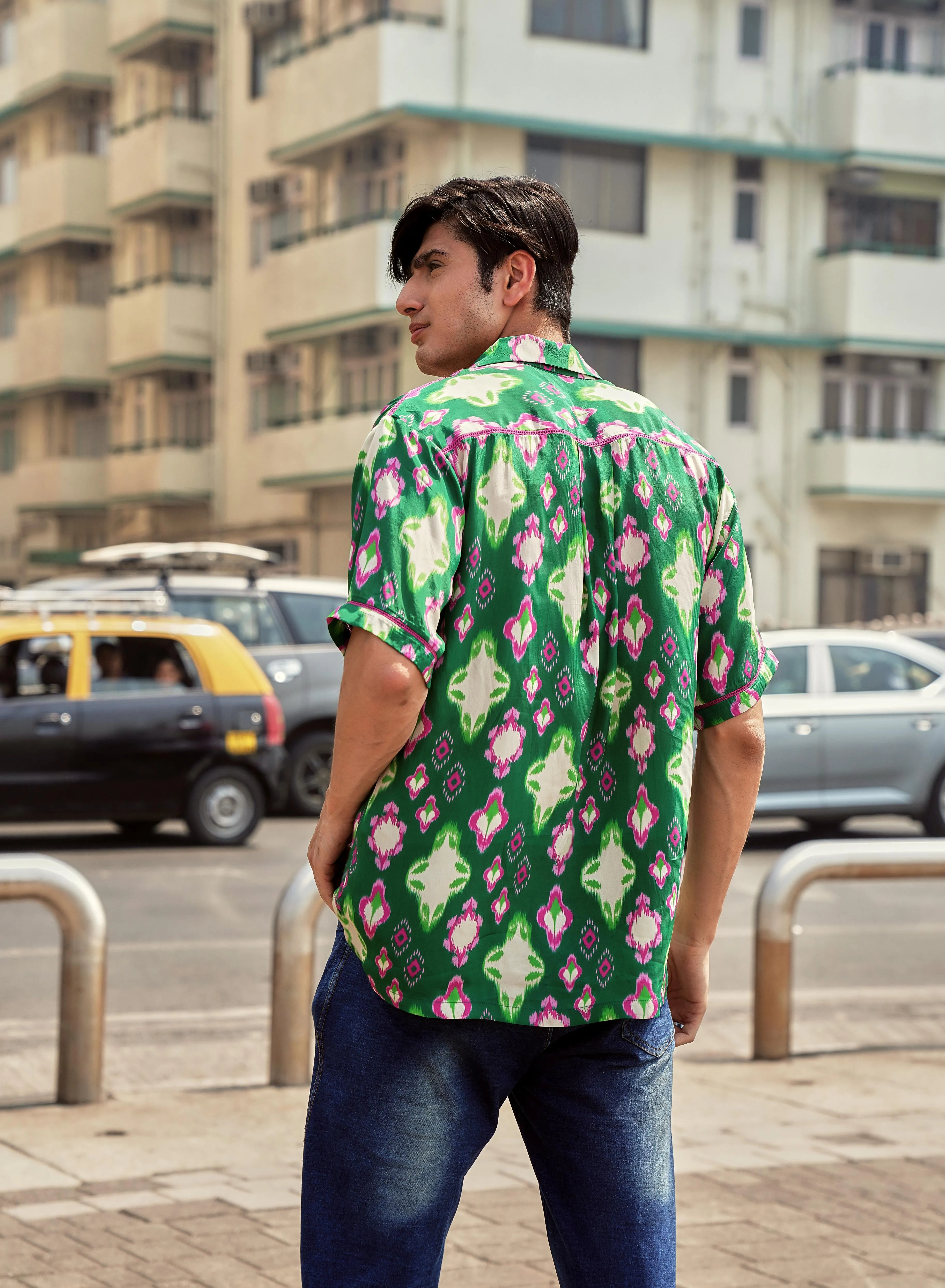 CAFE GREEN IKAT LADDER LACE SHIRT