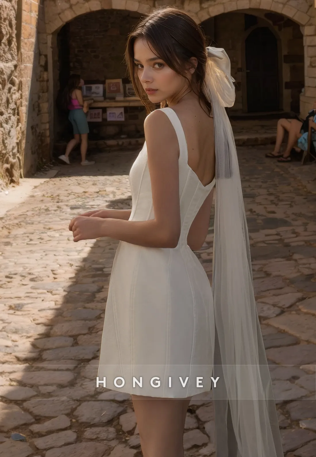 Casual Satin A-Line Square Sleeveless Short Summer Wedding Dress