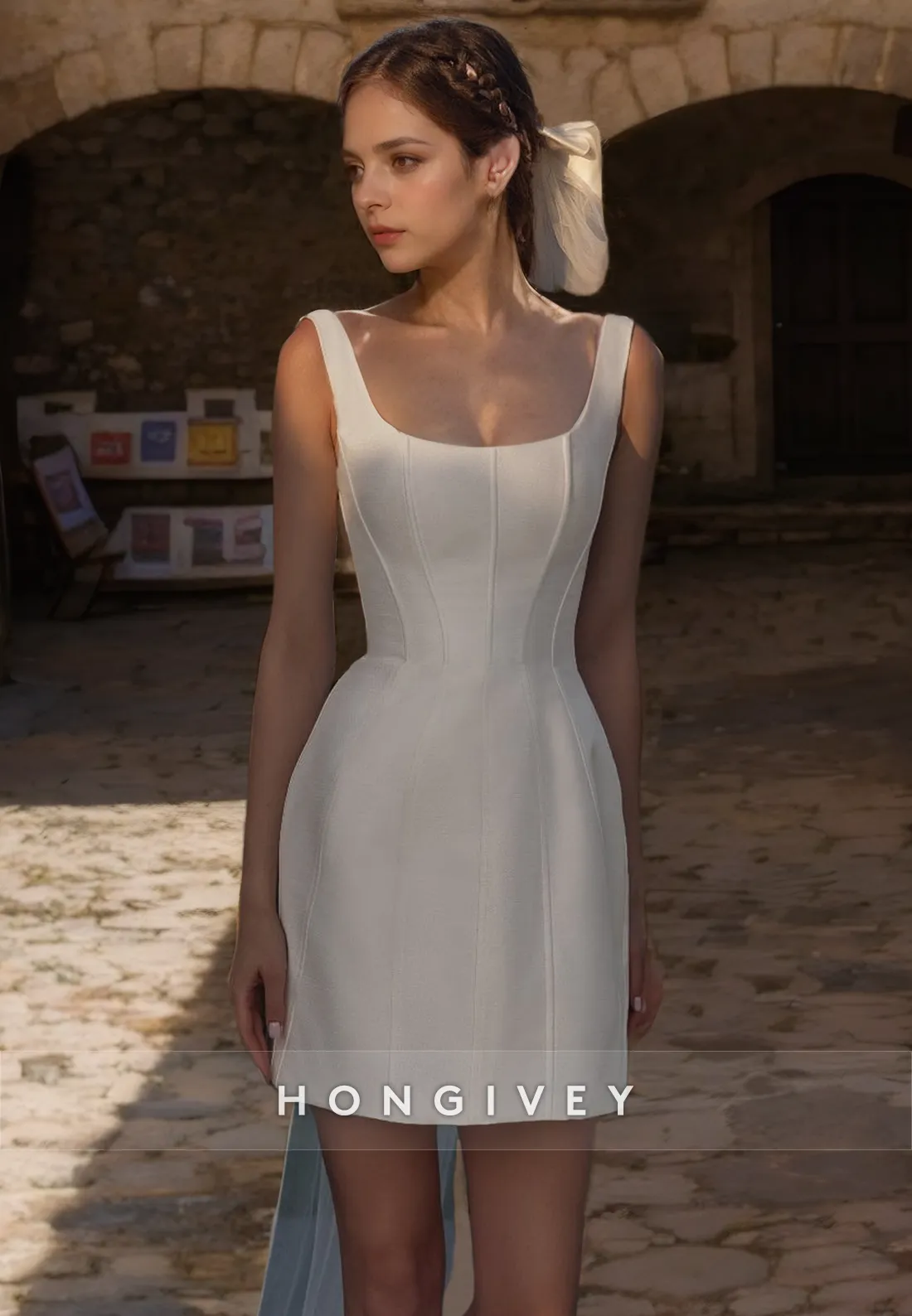 Casual Satin A-Line Square Sleeveless Short Summer Wedding Dress