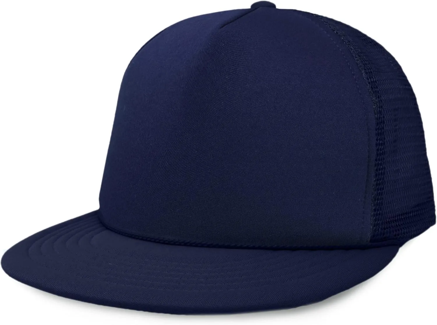 DALIX Flat Billed Trucker Hat Mesh Back S M L Adjustable Cap Solid Two Toned Snapback