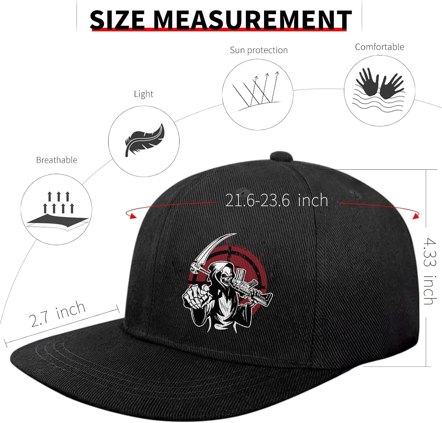 Death Skull Classic Snapback Hats for Men Flat Bill Hats for Women Snapback Snap Backpack Black Trucker Dad Baseball Cap