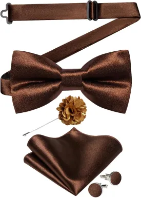 DiBanGu Mens Satin Pre-tied Bowtie and Pocket Square Cufflinks Set Adjustable Solid Color Bow Tie with Lapel Pin for Wedding