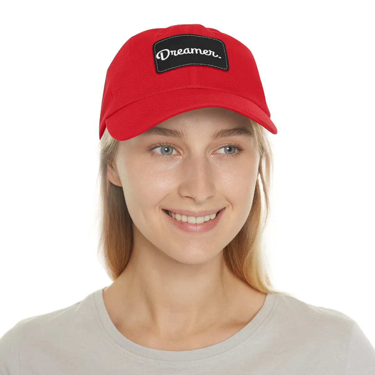 Dreamer. White Lettering. Dad Hat with Leather Patch