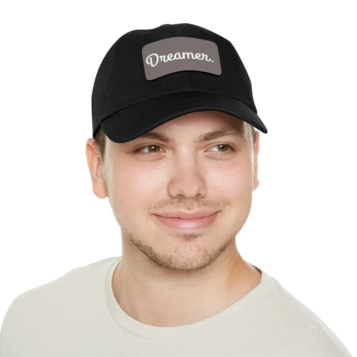 Dreamer. White Lettering. Dad Hat with Leather Patch