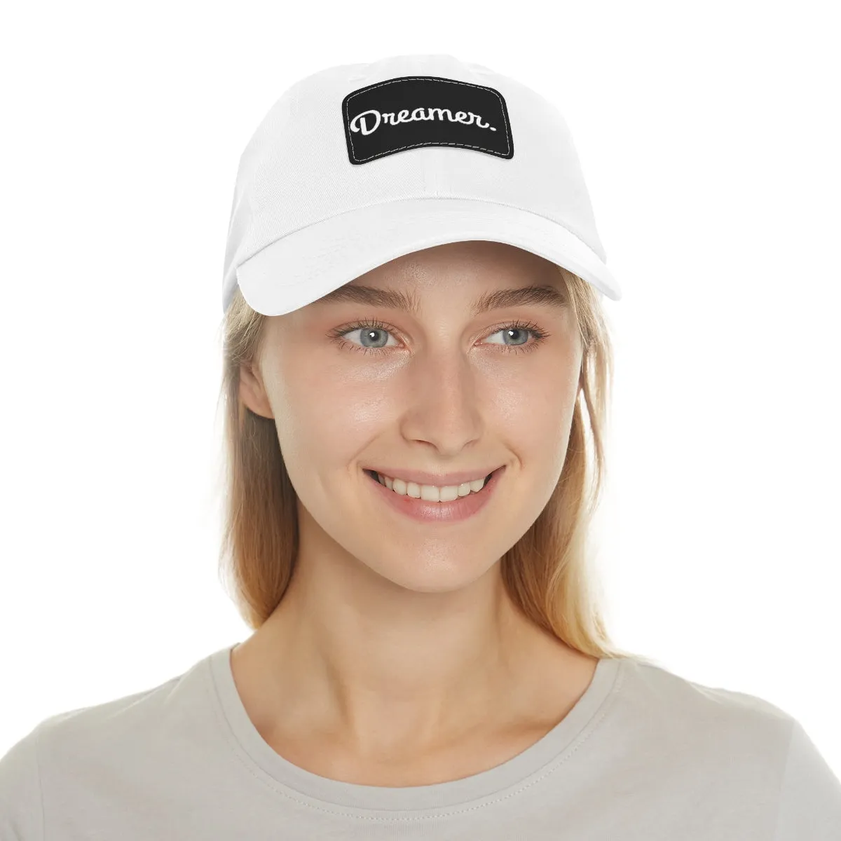 Dreamer. White Lettering. Dad Hat with Leather Patch
