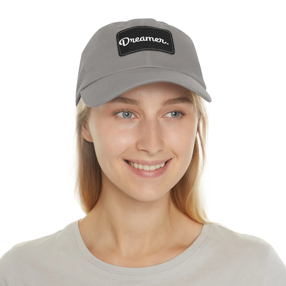 Dreamer. White Lettering. Dad Hat with Leather Patch