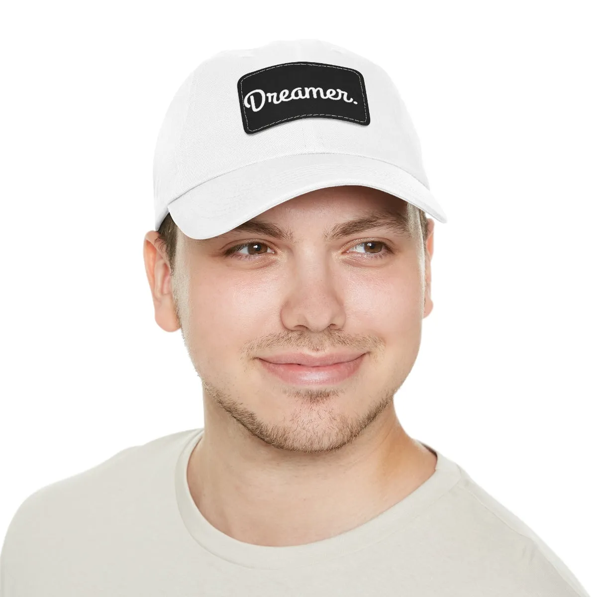 Dreamer. White Lettering. Dad Hat with Leather Patch