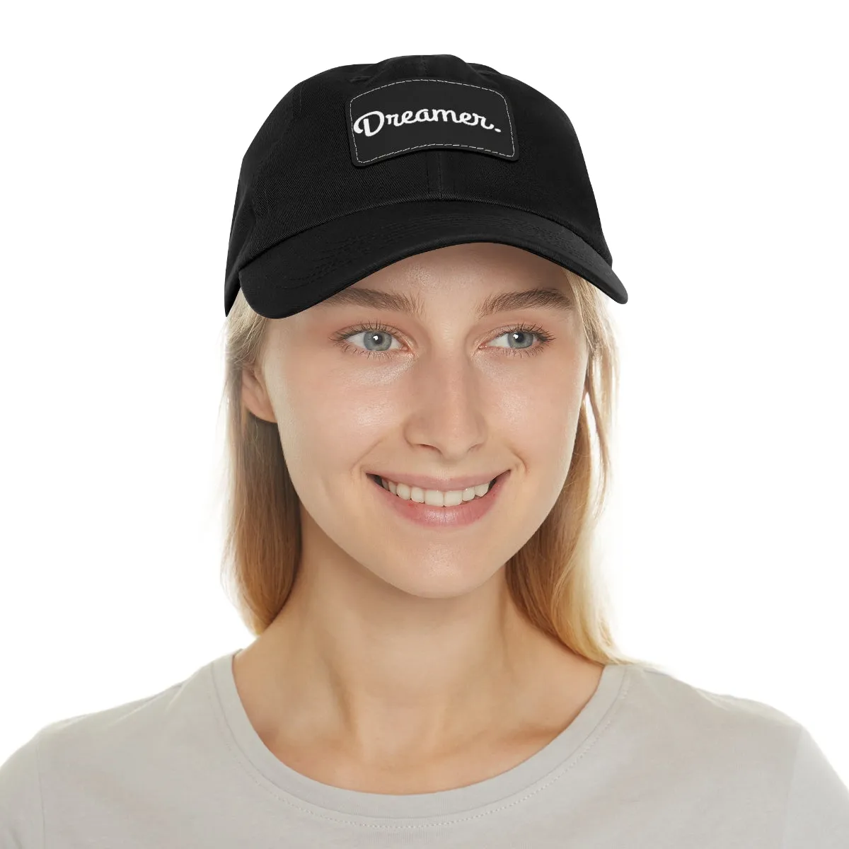 Dreamer. White Lettering. Dad Hat with Leather Patch