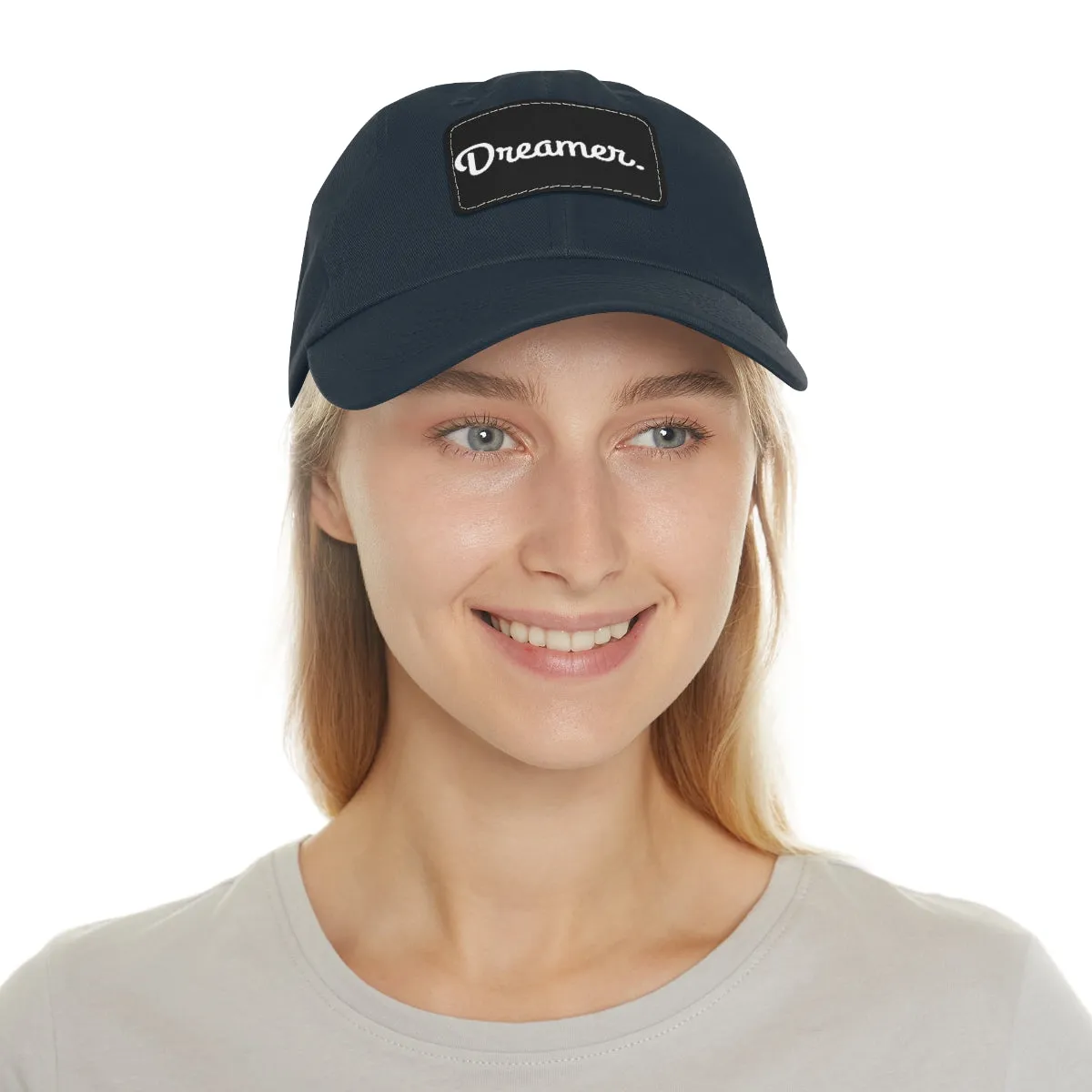 Dreamer. White Lettering. Dad Hat with Leather Patch