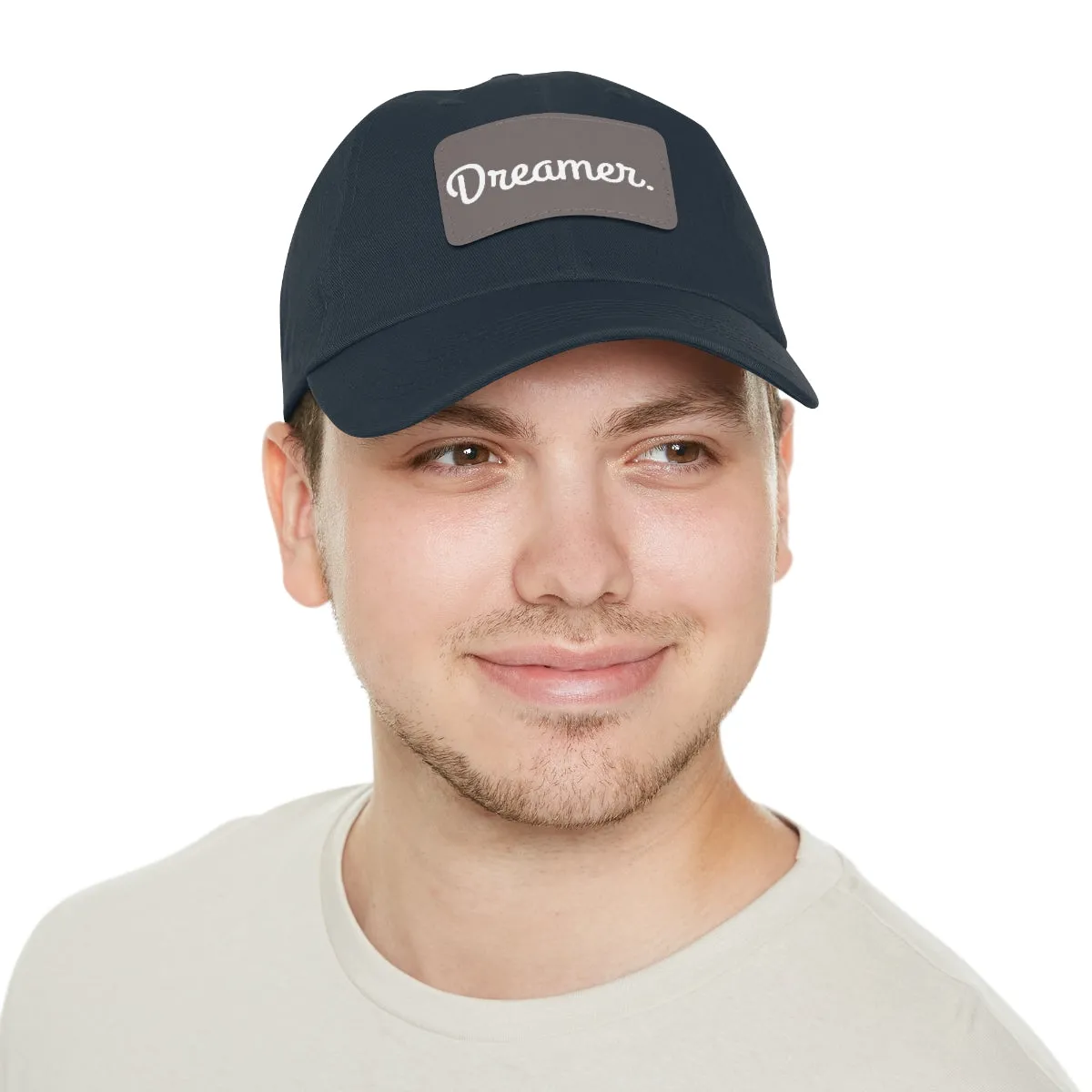 Dreamer. White Lettering. Dad Hat with Leather Patch