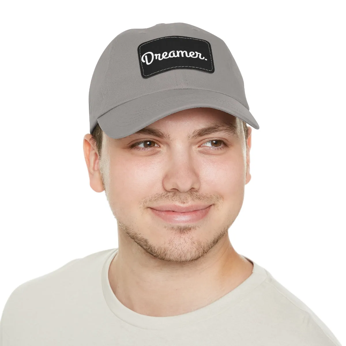 Dreamer. White Lettering. Dad Hat with Leather Patch