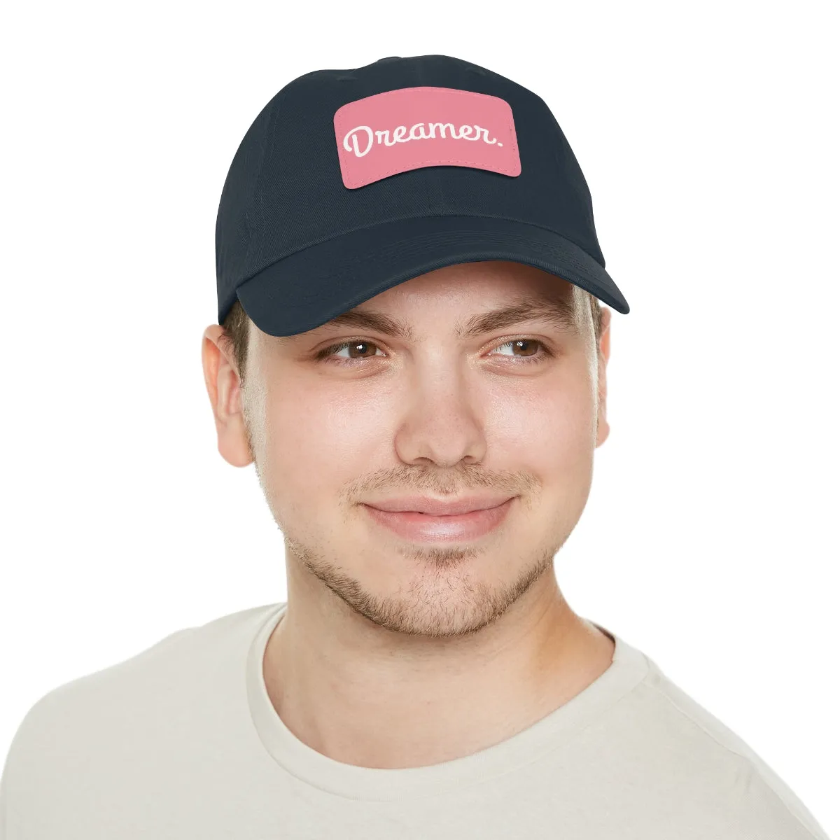 Dreamer. White Lettering. Dad Hat with Leather Patch