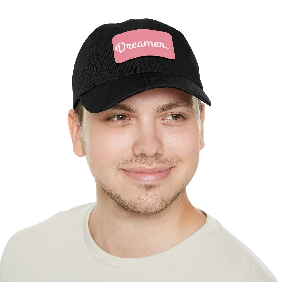 Dreamer. White Lettering. Dad Hat with Leather Patch