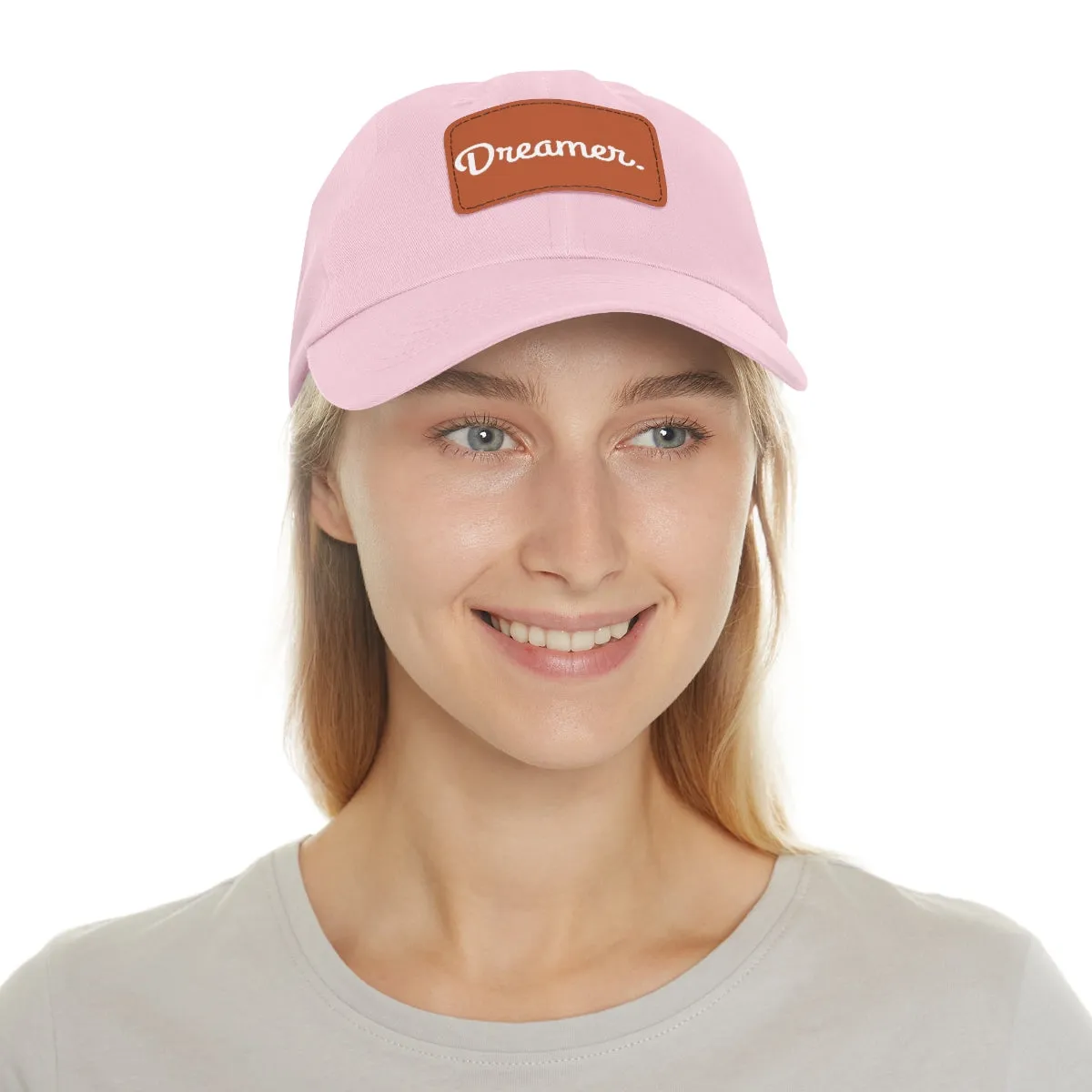 Dreamer. White Lettering. Dad Hat with Leather Patch