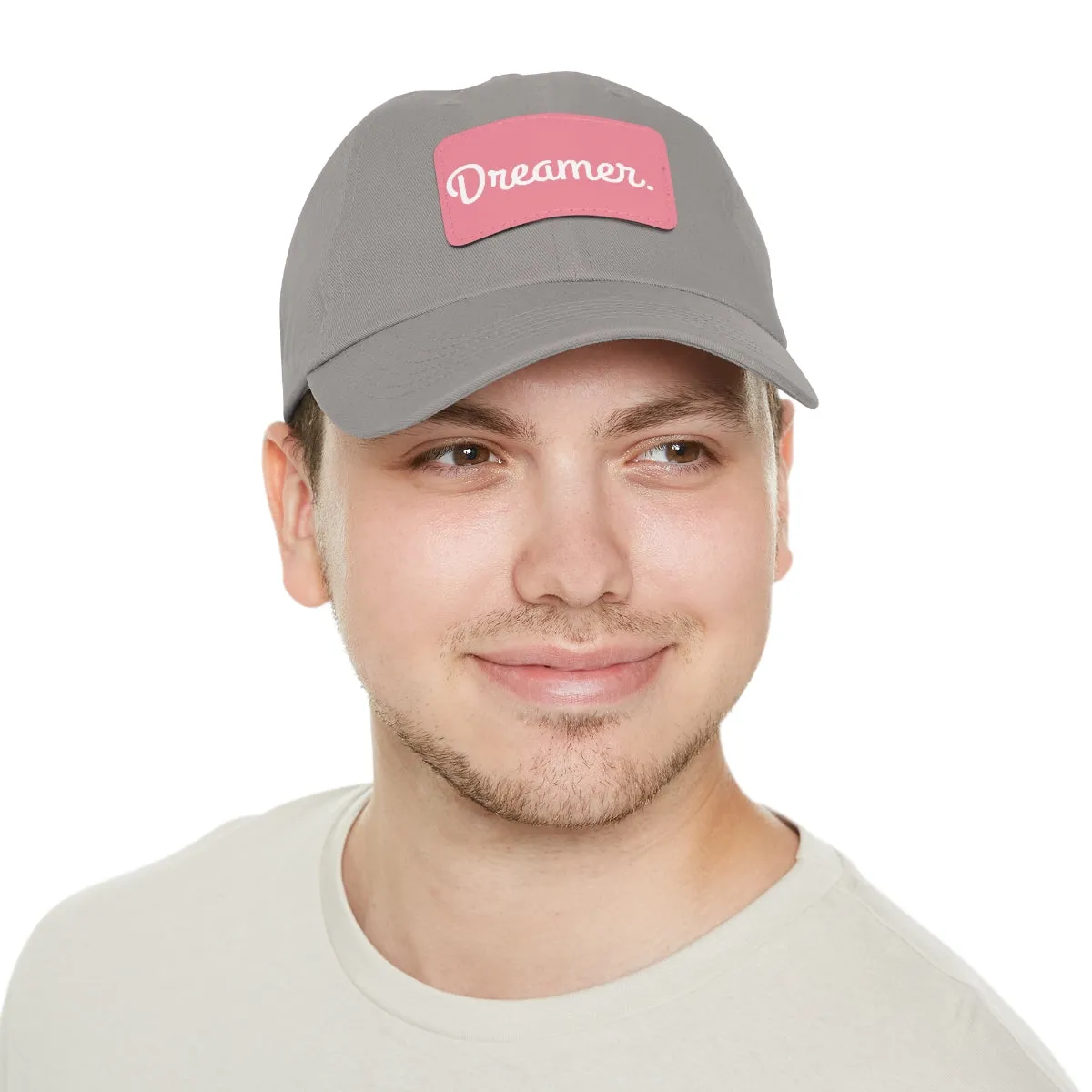 Dreamer. White Lettering. Dad Hat with Leather Patch
