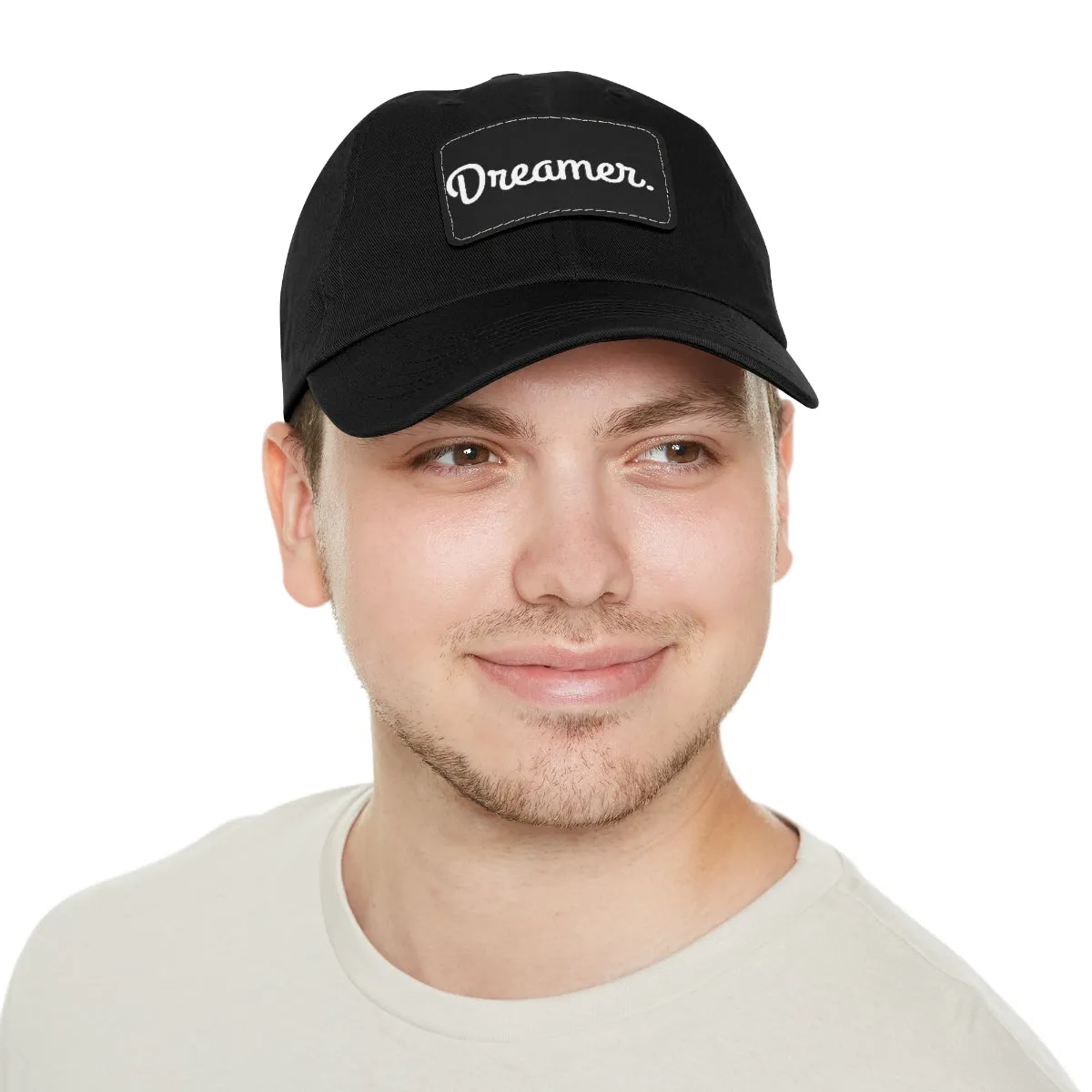 Dreamer. White Lettering. Dad Hat with Leather Patch