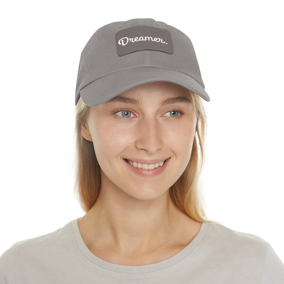 Dreamer. White Lettering. Dad Hat with Leather Patch