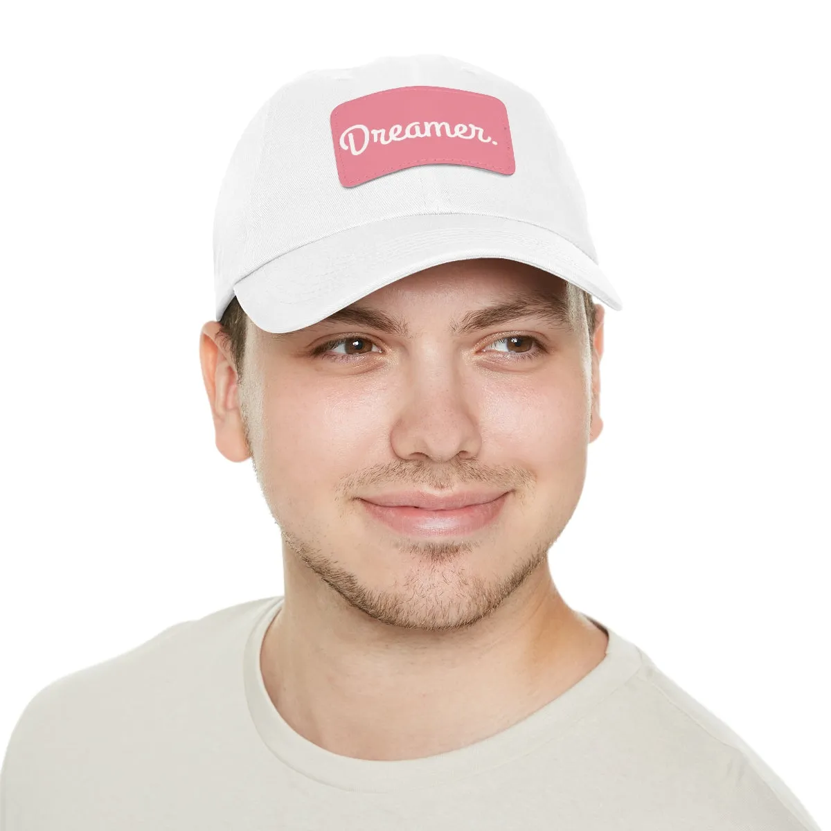 Dreamer. White Lettering. Dad Hat with Leather Patch