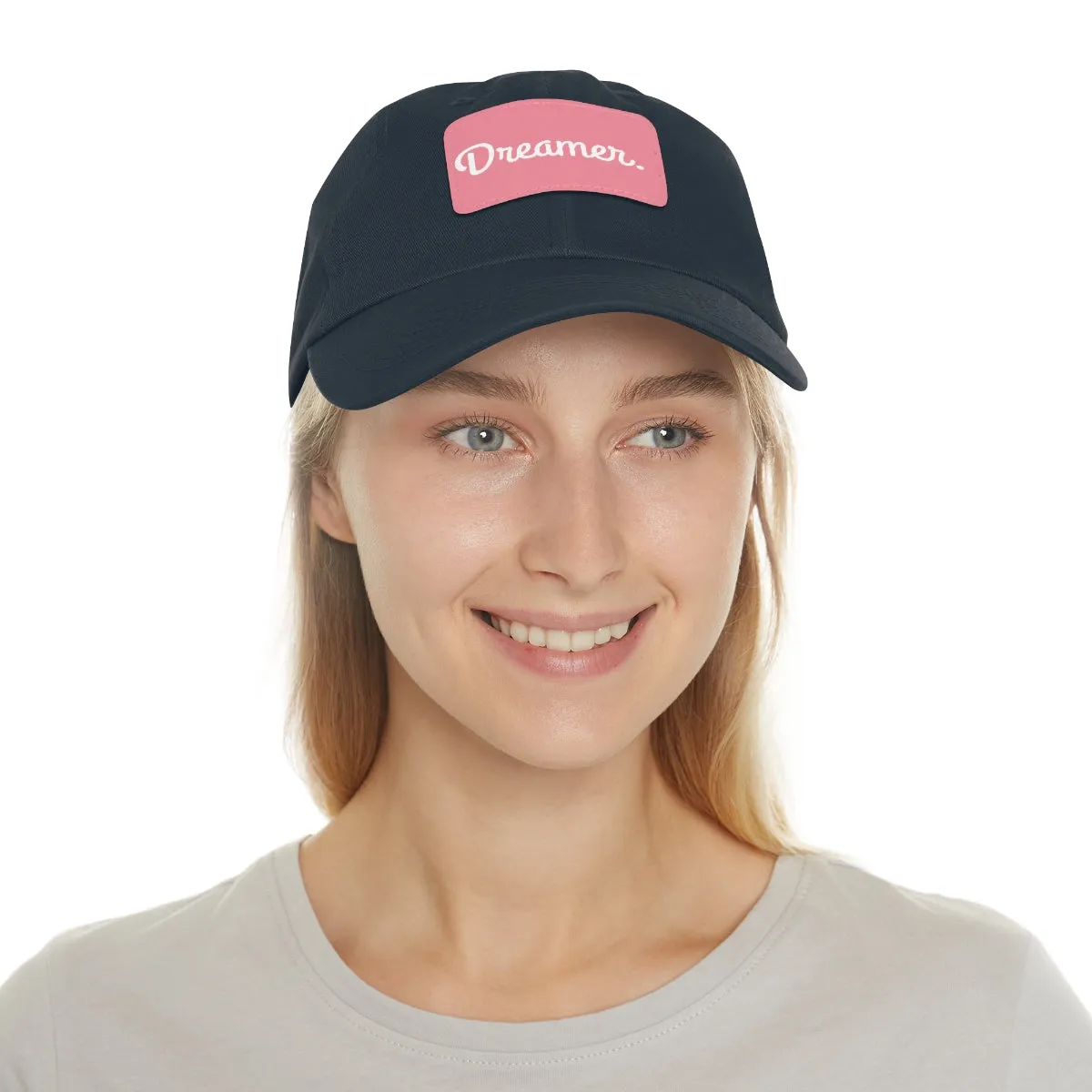 Dreamer. White Lettering. Dad Hat with Leather Patch