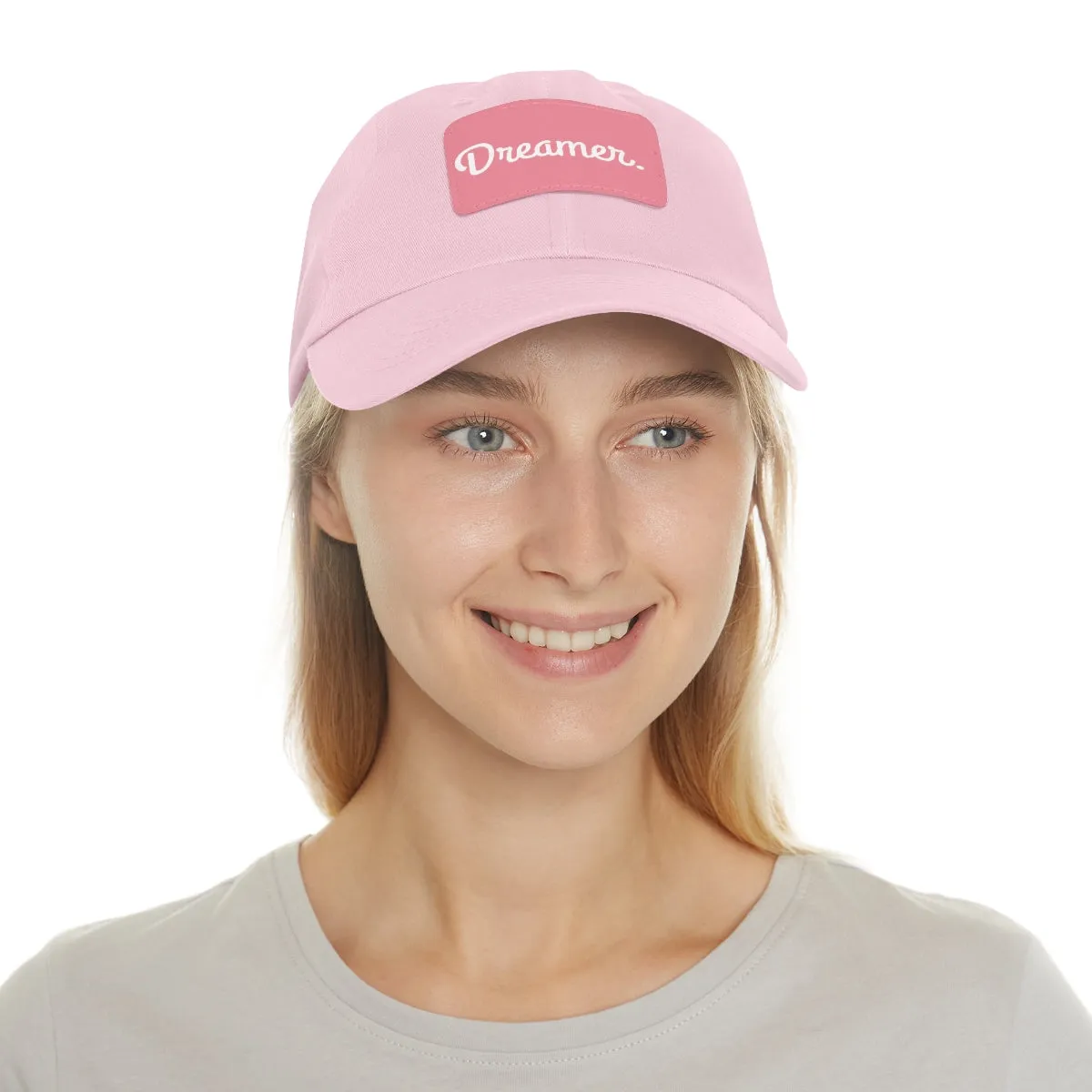Dreamer. White Lettering. Dad Hat with Leather Patch